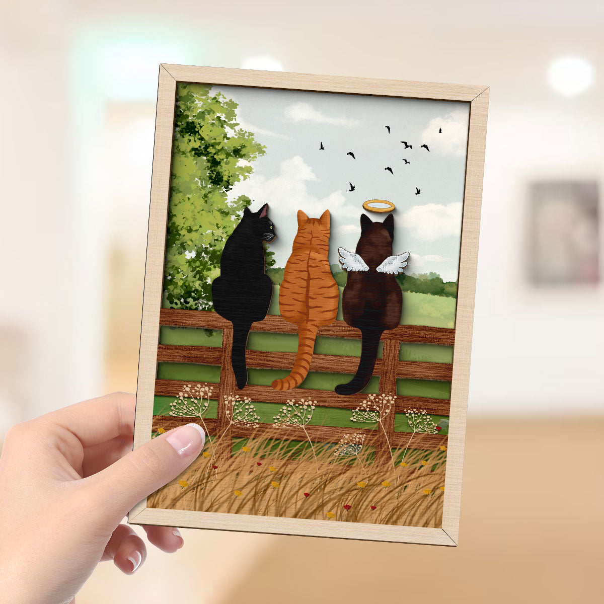 Cat Portrait Prints Cats Sitting on Fence in Countryside Personalized 2-Layer Wooden Plaque