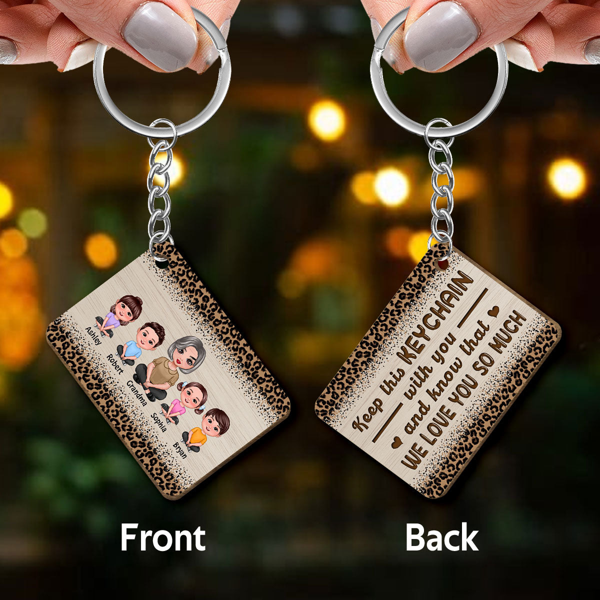 Keep This With You We Love You Leopard Pattern Pretty Grandma & Doll Kids Personalized Wooden Keychain