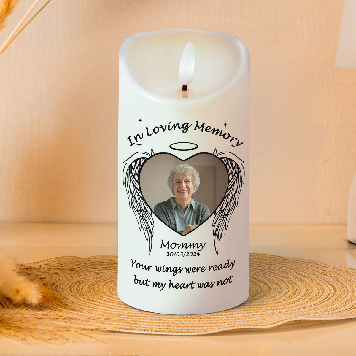 Memorial Angel Wings Personalized LED Candle, Custom Photo Sympathy Gift