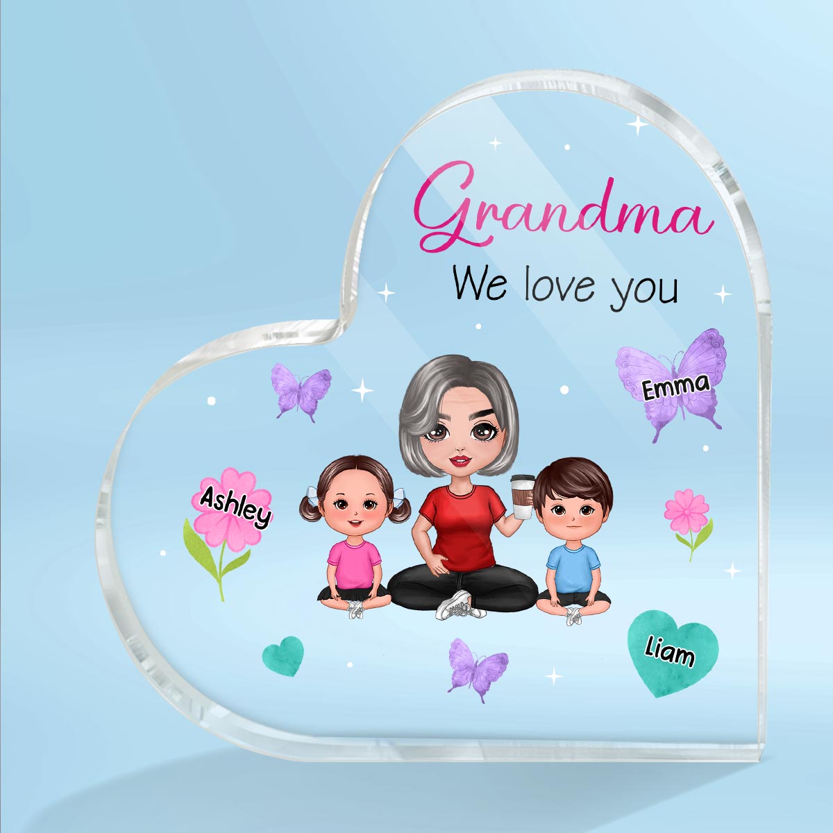 Flowers Butterflies Hearts Doll Grandma Grandkids Personalized Acrylic Heart Plaque