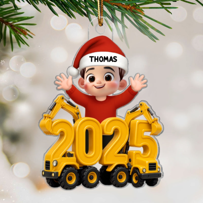 3D Effect Happy Kid With Excavator Numbers - Personalized Acrylic Ornament - Christmas Gift For Kids, Grandkids, Granddaughter, Grandson