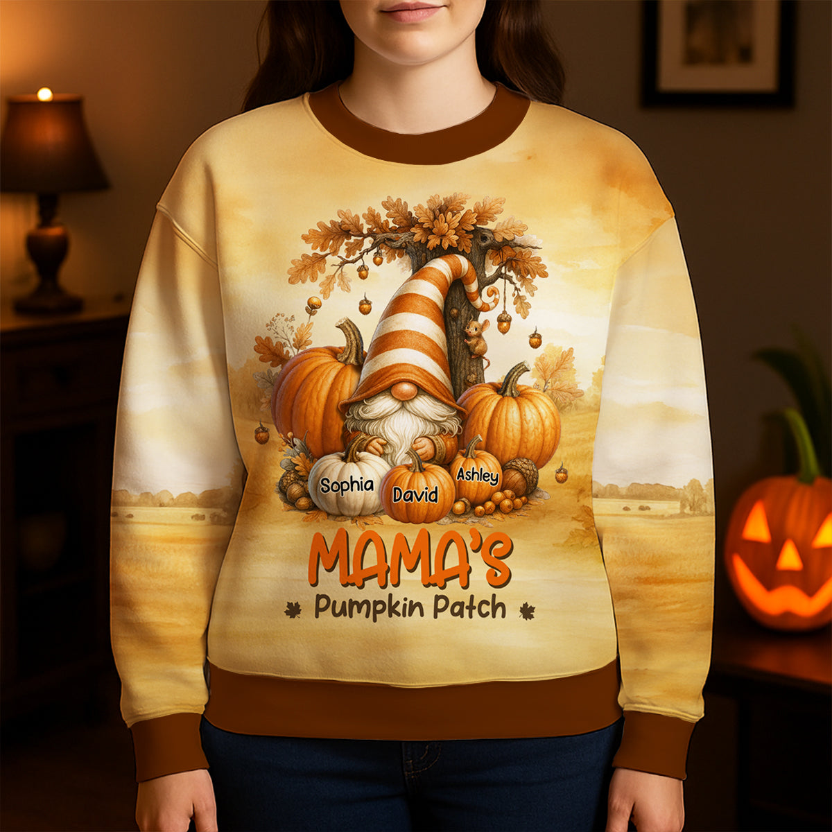 Gnome Grandma's Pumpkin 3D Personalized Fall Sweatshirt, Cozy Fall Sweatshirt for Grandma
