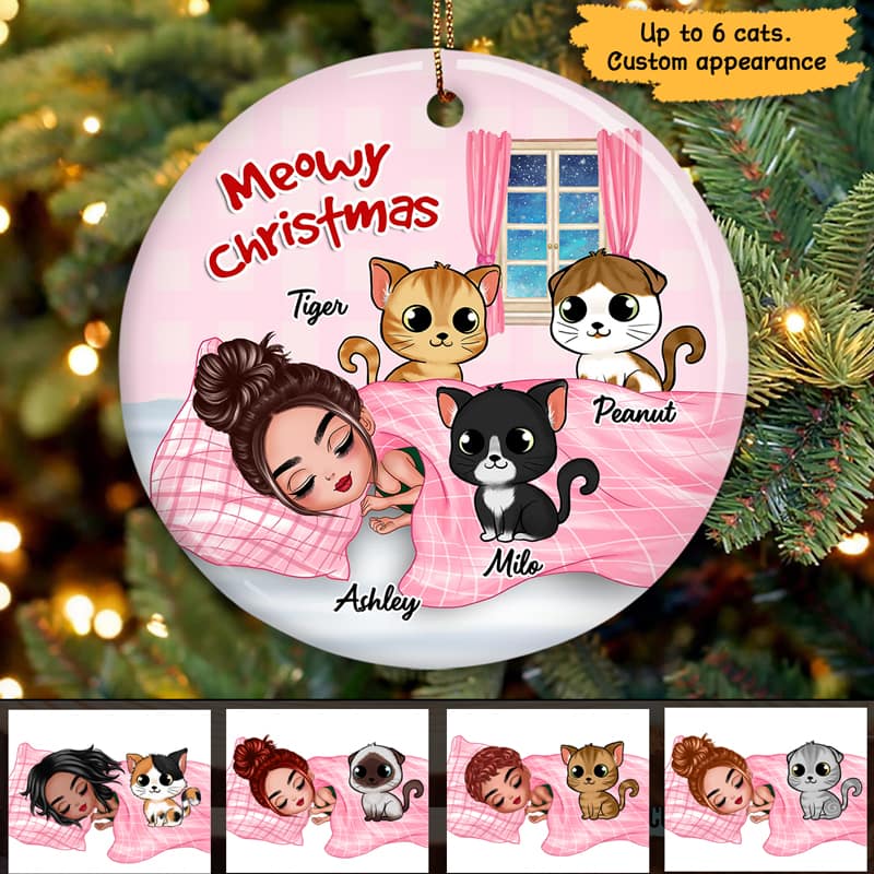 Girl Sleeping With Cats Pinky Christmas Personalized Circle Ornament
