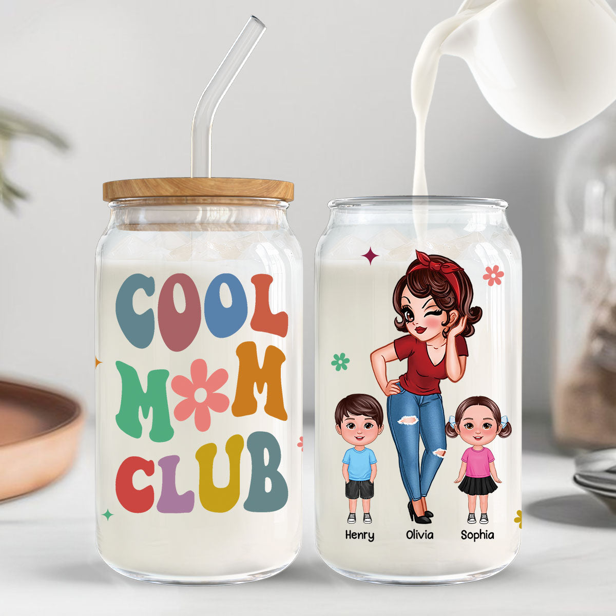 Cool Grandma Mom Club Pretty Woman With Kids Personalized Clear Glass Can