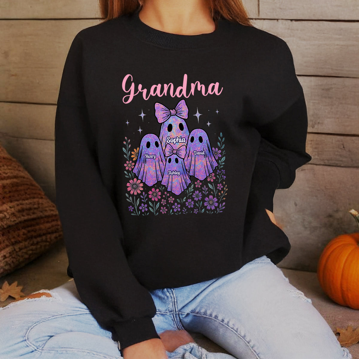 Grandma Mom Iridescent Cute Ghost Personalized Sweatshirt, Halloween Gift