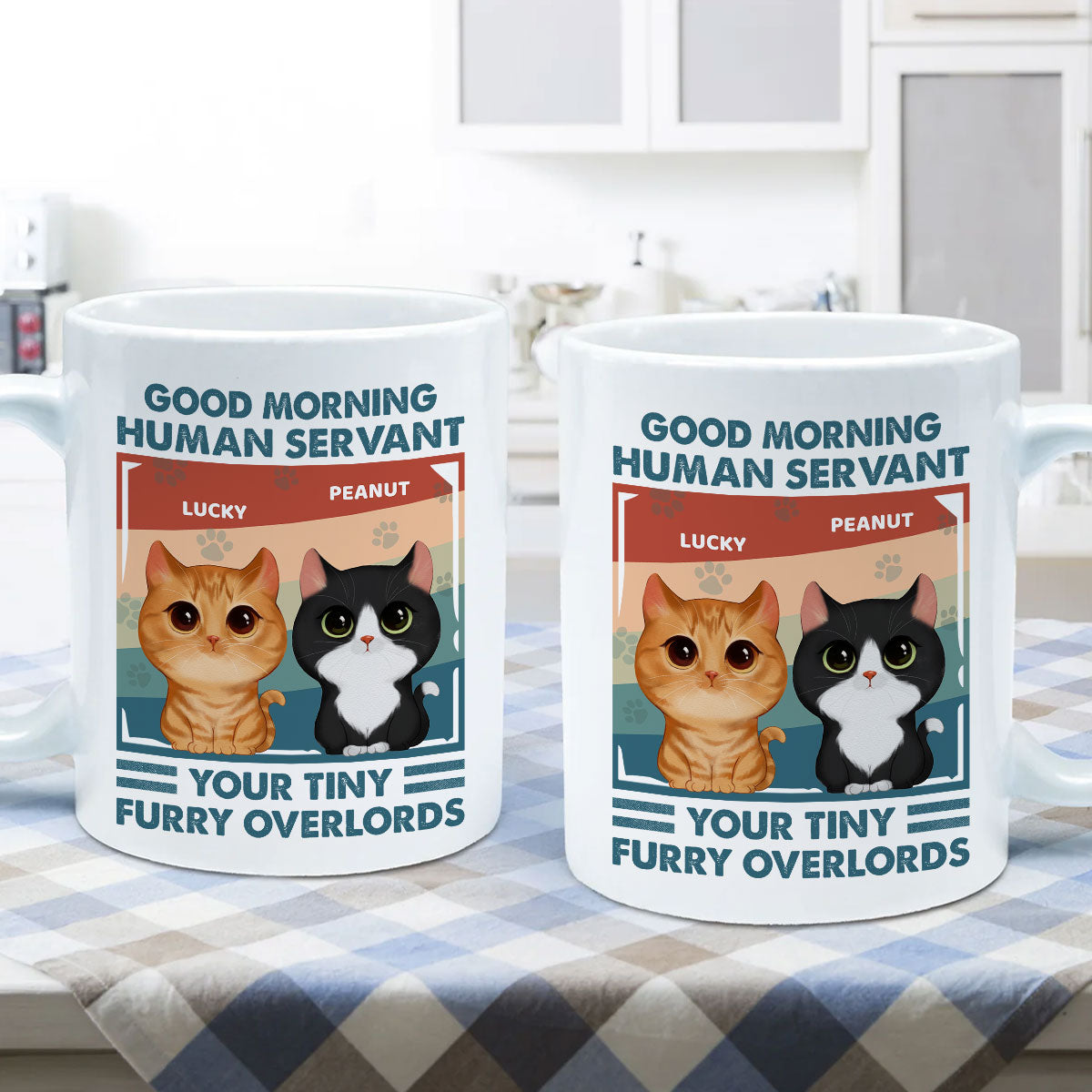Good Morning Human Servant Retro Watercolor Cute Cats Personalized Mug