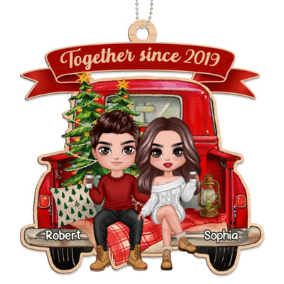 Doll Couple Truck Back View Personalized Wooden Ornament
