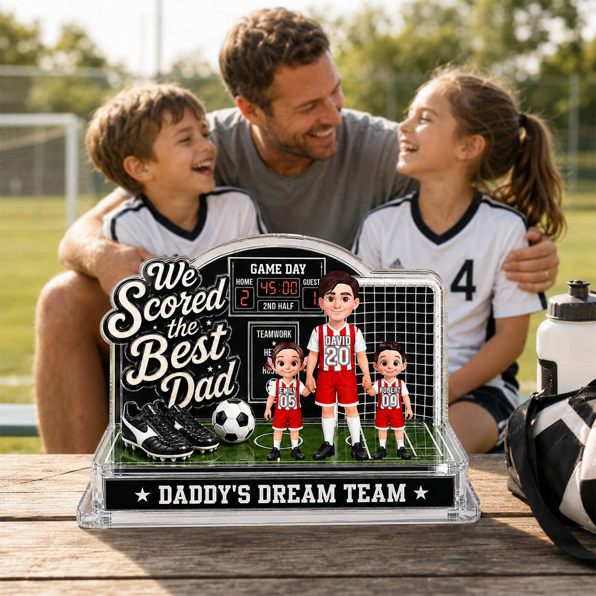 Soccer Dad & Kids On Court 2D Flat - Personalized Acrylic Block Plaque - Father's Day Gift For Soccer Dad, UK Football Dad