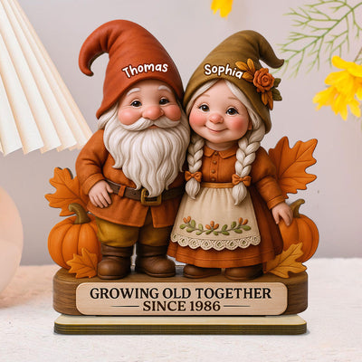 3D Effect Fall Season Gnome Couple Personalized Standing Wooden Plaque| Anniversary Gift, Birthday Gift, Wedding Gift For Couple
