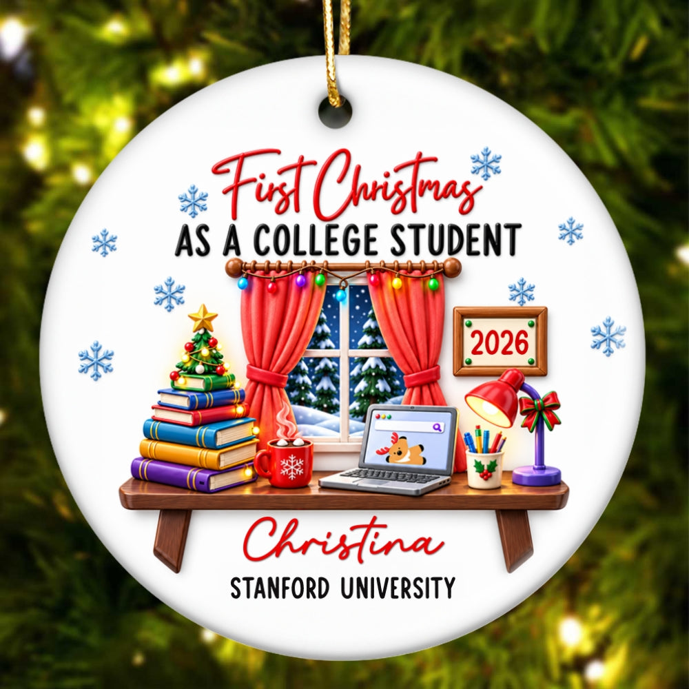 College Student With Desk Design - Personalized Ceramic Ornament - Christmas Gift For New Student, Boy, Girl