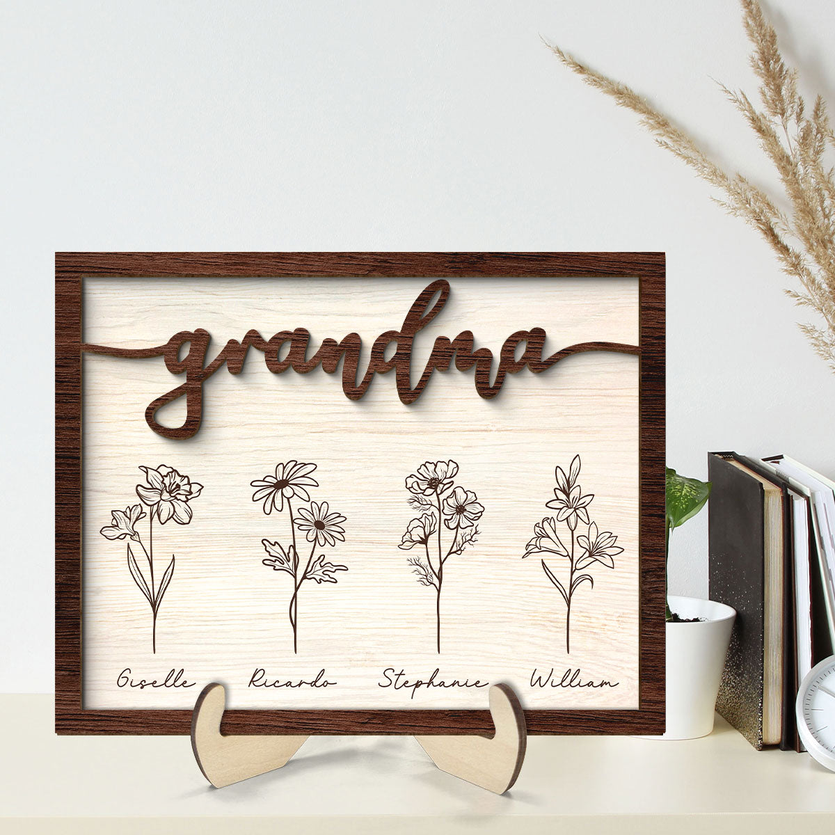 Rustic Grandma Flowers Personalized 2-Layer Wooden Plaque