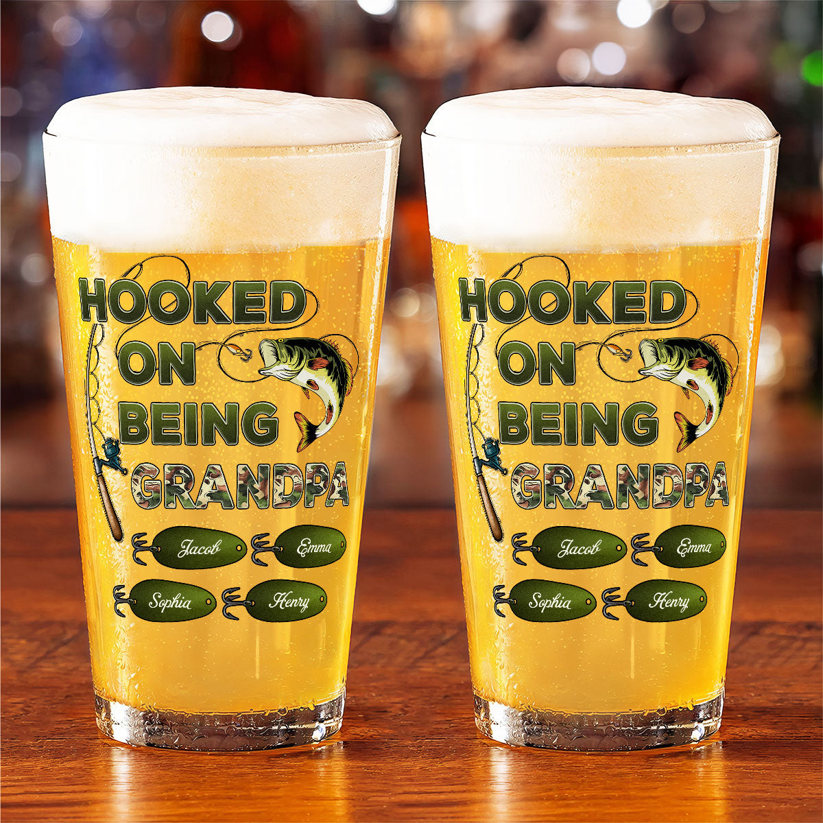 Hook On Being Grandpa Fishing Camouflage Personalized Beer Glass