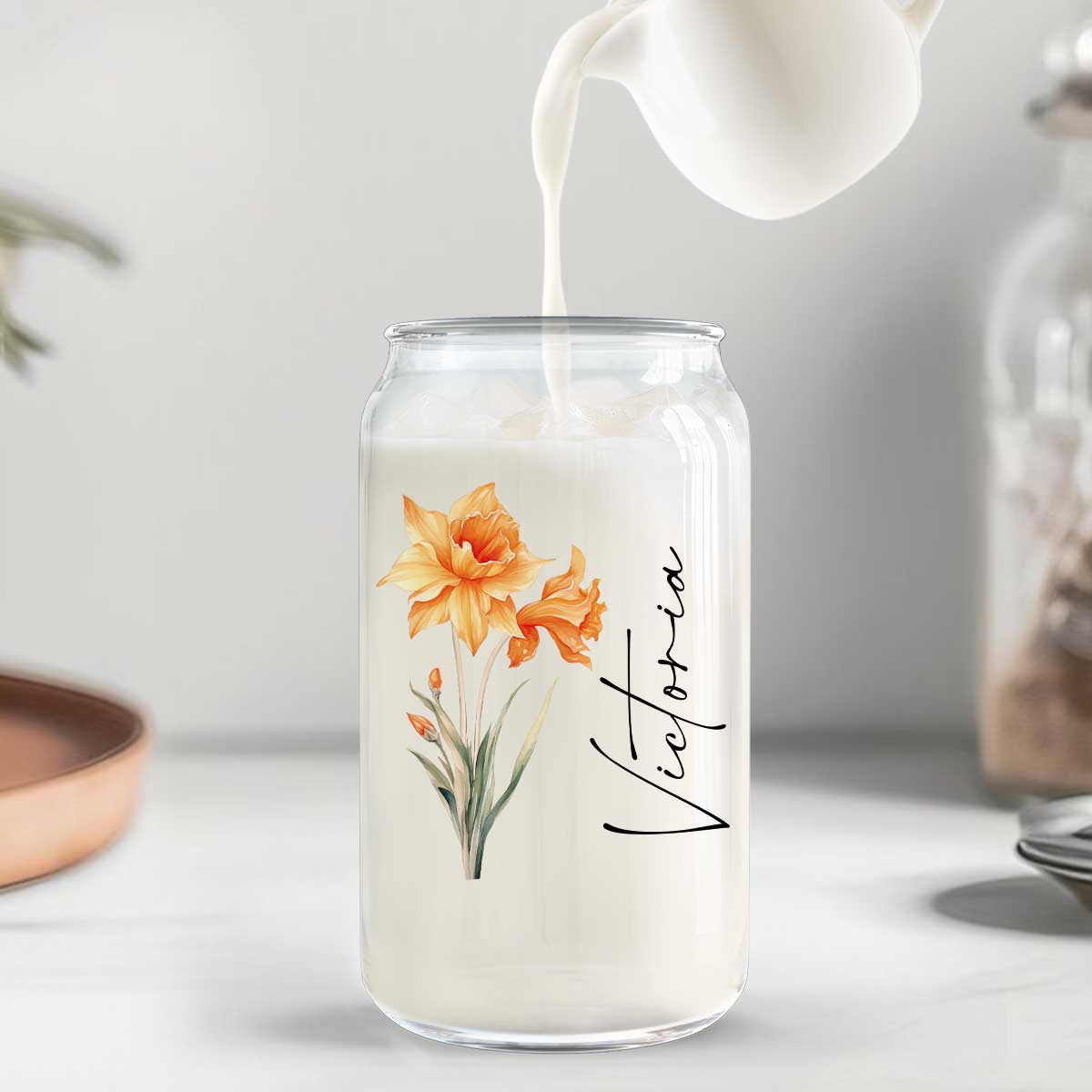 Birth Flower With Name Birthday Gift for Best Friend Birthday Gift For Mom Grandma Daughter Granddaughter Pampering Gift Personalized Clear Glass Can
