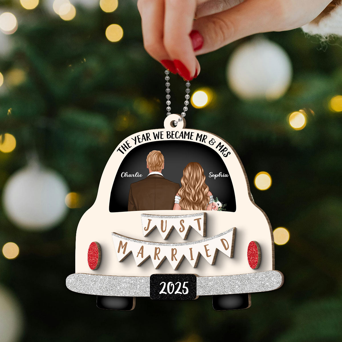 Groom & Bride In Car Personalized 2-Layer Wooden Ornament | Just Married Newlyweds Marriage Keepsake