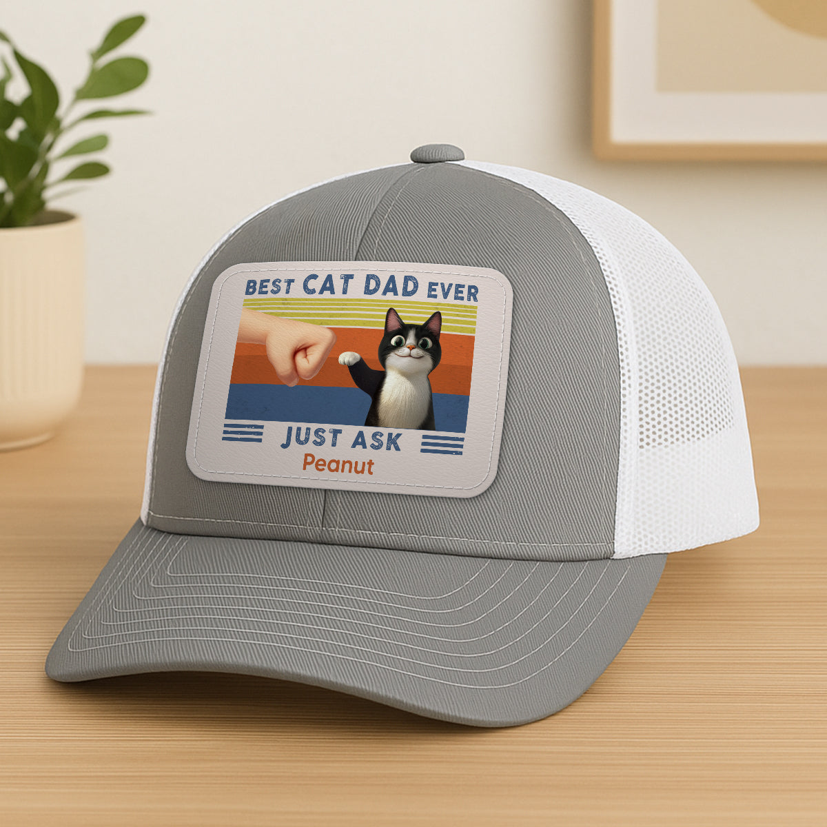 Best Cat Dad Cute Cartoon Cats Personalized Leather Patch Hat, Trucker Hat, Father's Day Gift for Cat Dads