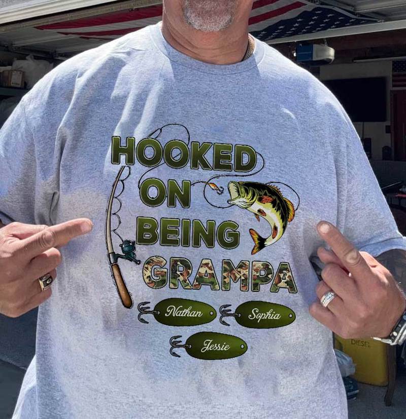 Hooked On Being Grandpa Papa Fishing Camouflage - Personalized Shirt - Gift For Proud American Dad, Grandpa