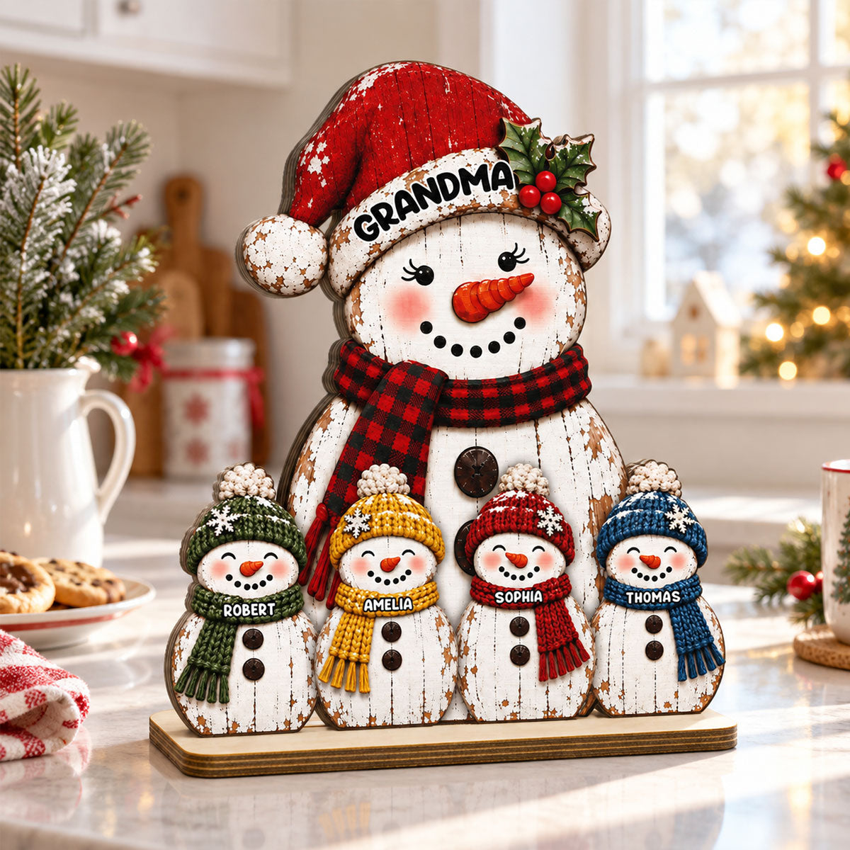 Rustic Grandma Grandkids Snowman - Personalized 2-Layered Wooden Plaque - Christmas Decor For Grandma, Mom