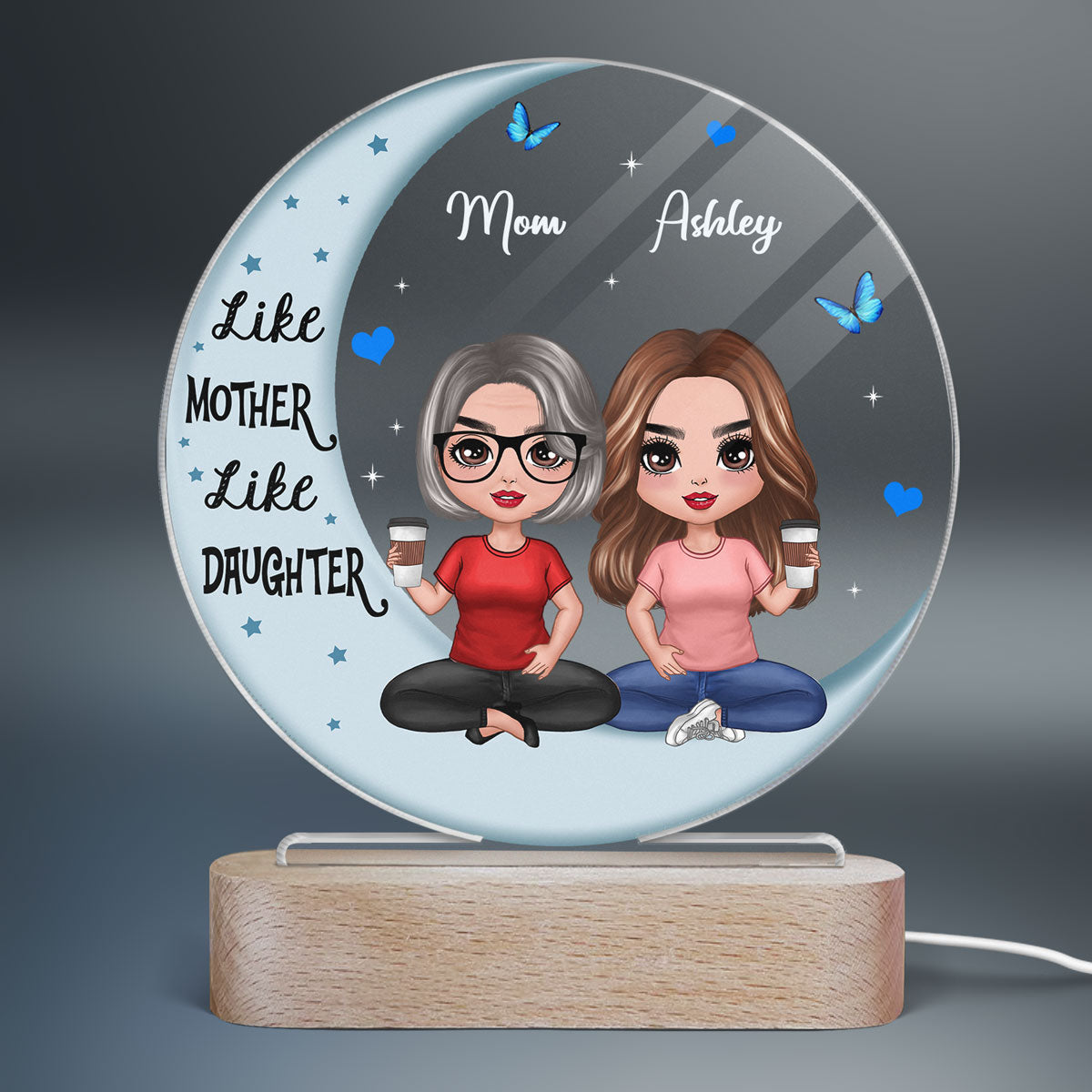 Like Mother Like Daughters Doll Mom And Daughters Sitting On Moon Personalized Circle Acrylic Plaque LED Night Light