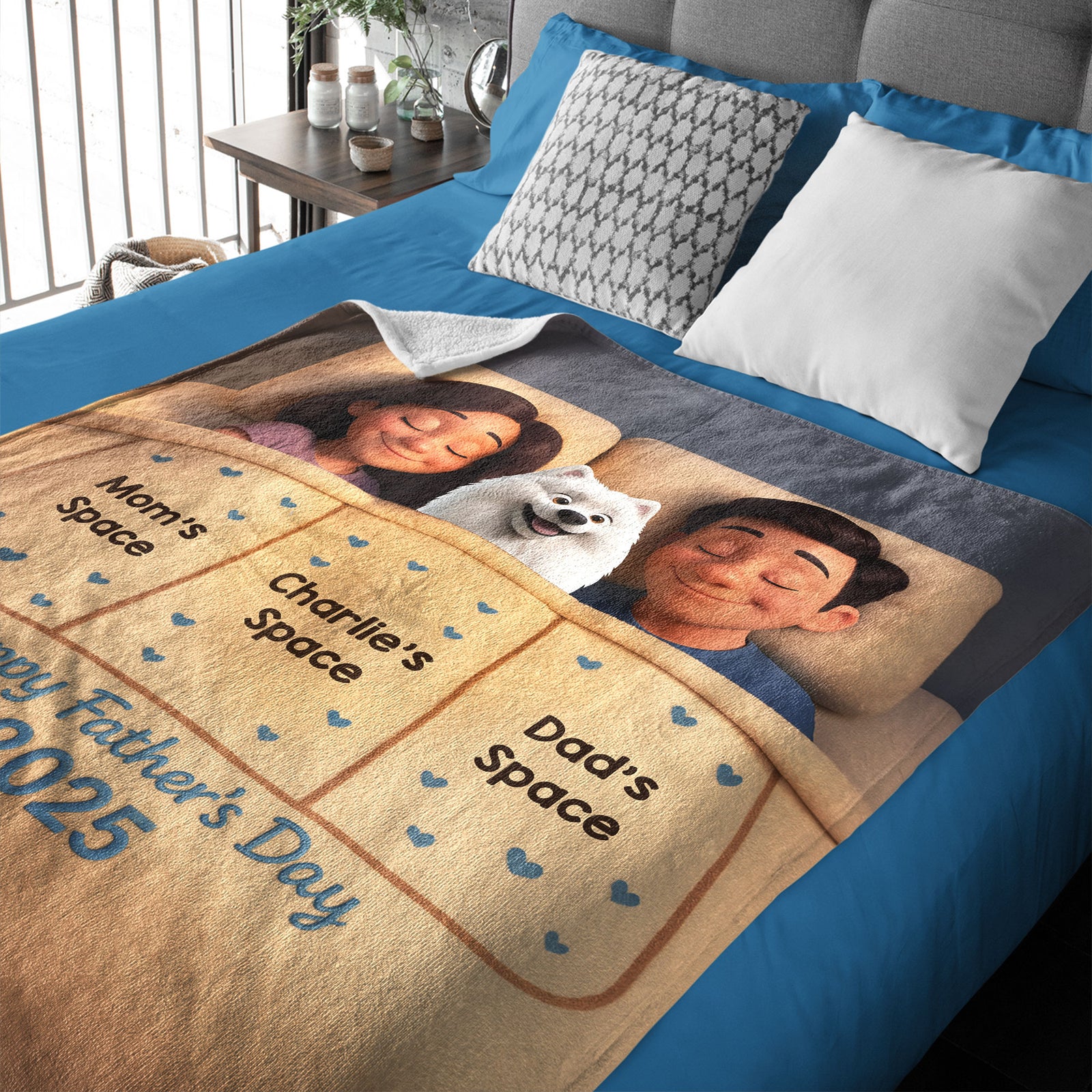Funny Cute Cartoon Dogs In Bed Personalized Fleece Blanket, Father's Day Gift for Dog Dads