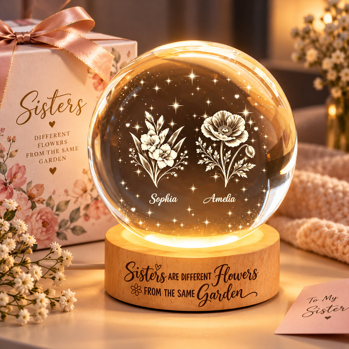 Sisters Are Different Flowers from the Same Garden - Personalized Crystal Ball LED Night Light - Christmas Gift for Sisters
