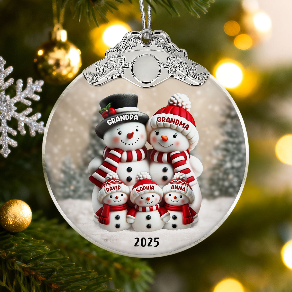 3D Effect Cute Snowman - Personalized Glass Ornament With Silver Cap - Christmas Decor For Family, Grandma, Grandpa