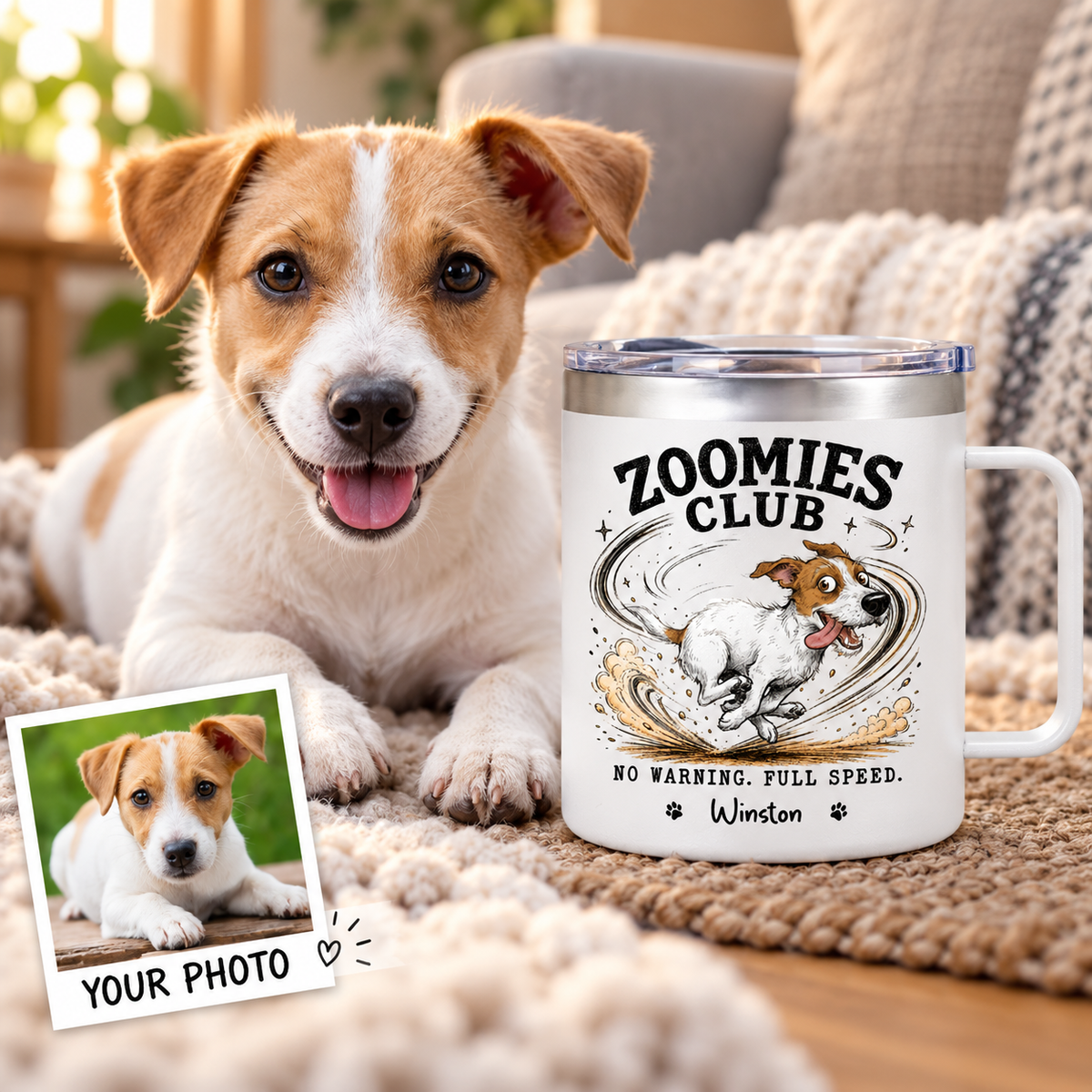 Zoomies Club Official Member Quirky Dog Portrait From Your Custom Pet Photo - Personalized Stainless Steel Tumbler With Handle - Funny Gift For Dog Cat Lover