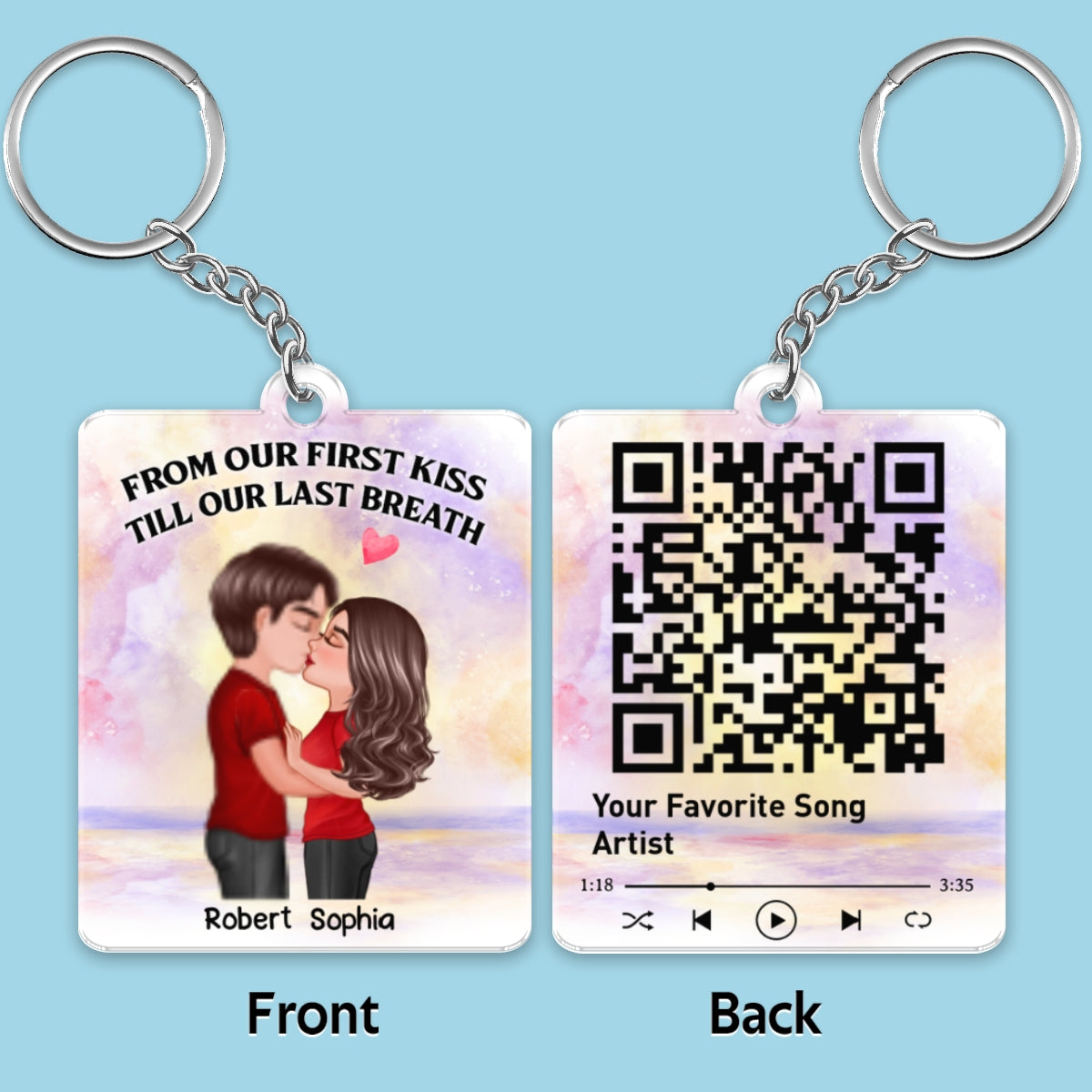 Couple Kissing Watercolor Beach Sky Favorite Song QR Code Personalized Acrylic Keychain