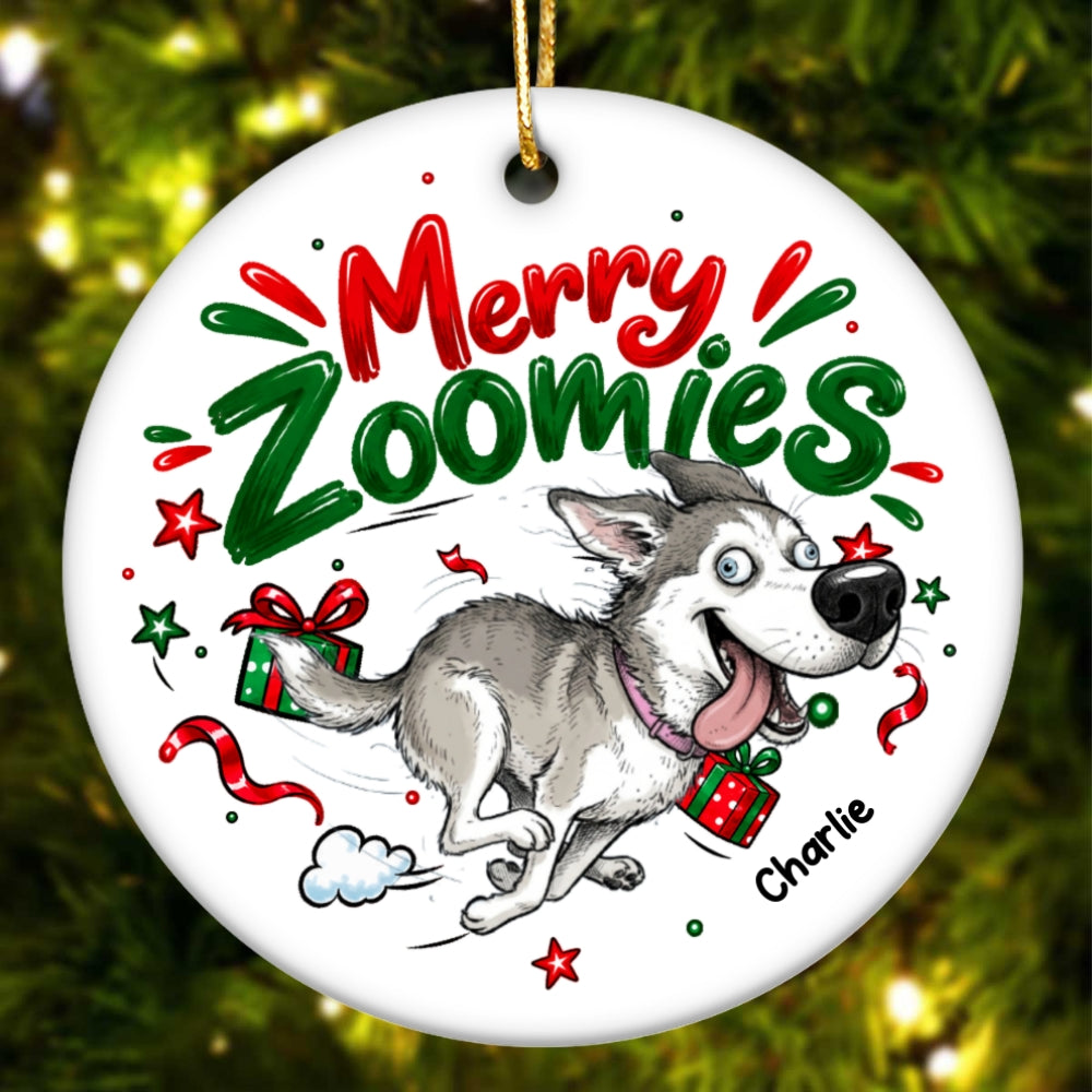 Merry Zoomies Quirky Dog Portrait From Your Custom Pet Photo - Personalized Ceramic Ornament - Funny Christmas Gift For Dog Lover