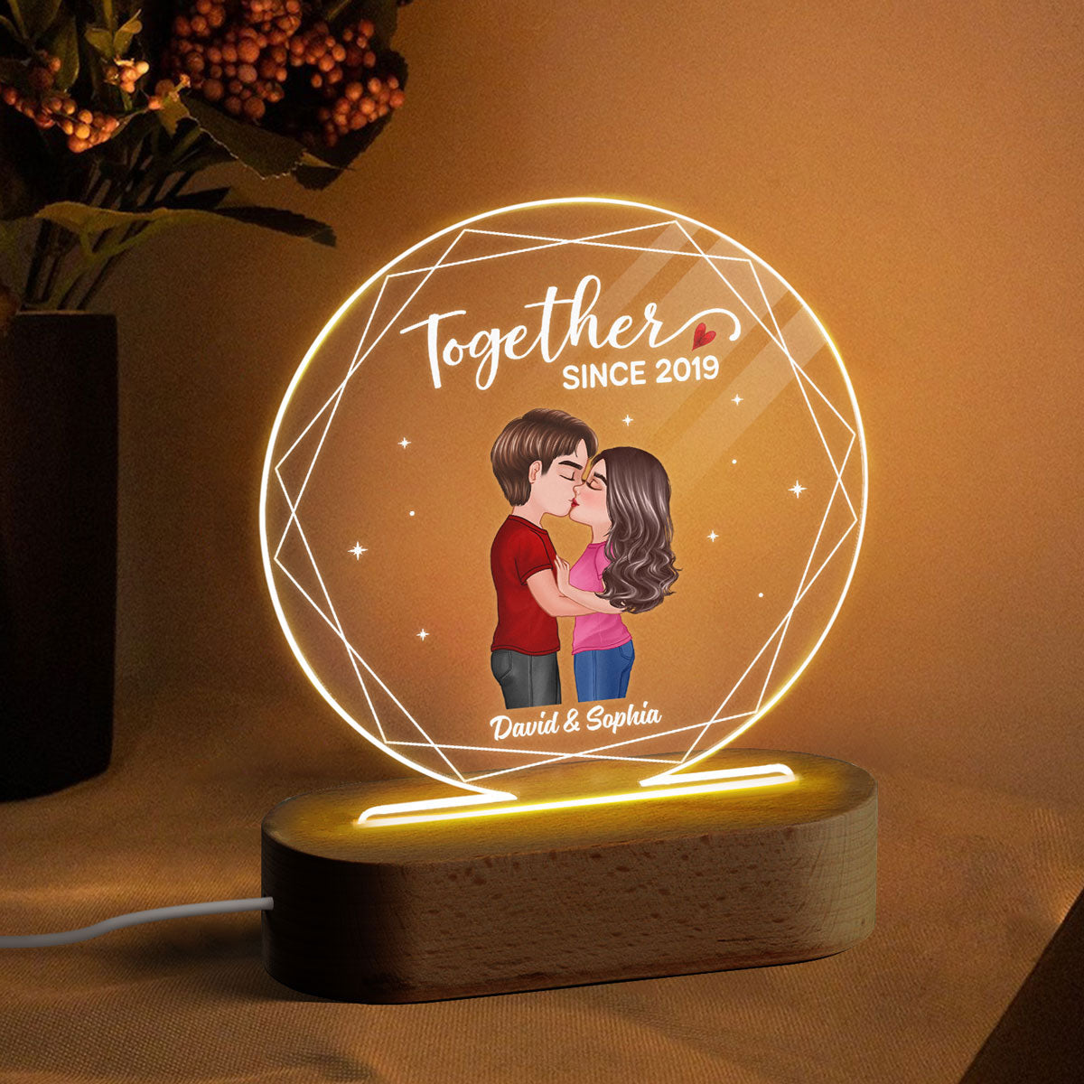 Hexagon Frame Doll Couple Kissing  Anniversary Gift For Him For Her Personalized Circle Acrylic Plaque LED Lamp Night Light