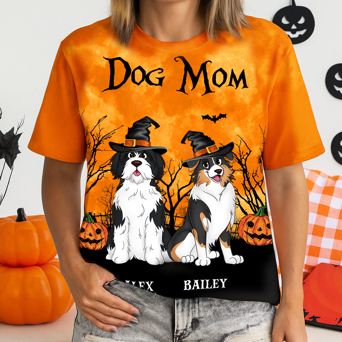 Dog Mom Halloween Moon Light Bat Tree - Personalized 3D Shirt