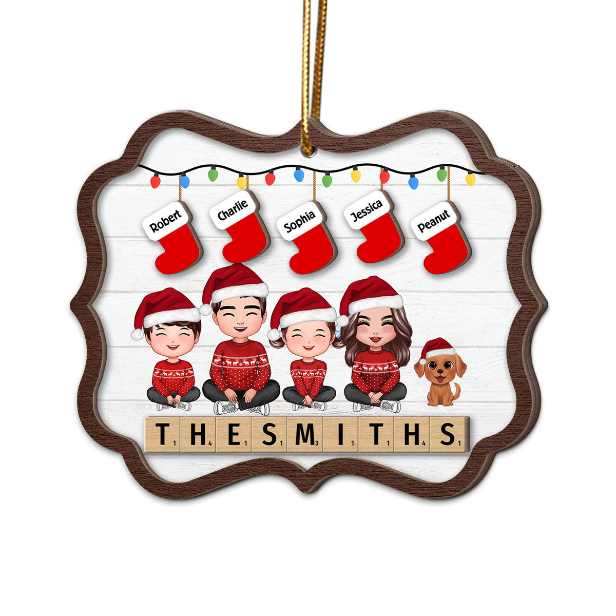 Family Sitting Christmas Stocking Wooden Blocks Personalized 2-Layer Wooden Ornament
