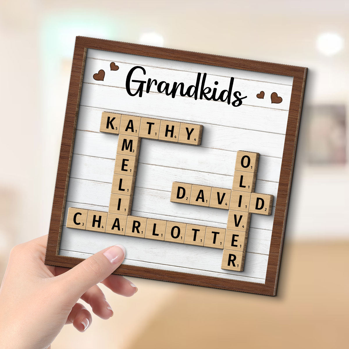 Grandkids Crossword Puzzle Art - Personalized 2-Layered Wooden Plaque - Gift for Mom, Gift for Grandma, Gift for Wife