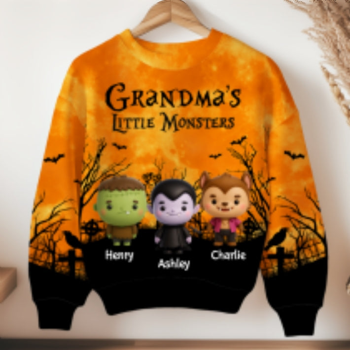 Grandma Mom Little Monsters Halloween Moon Light Bat Tree Personalized 3D Sweat Shirt, Purrfect Costume for Grandma