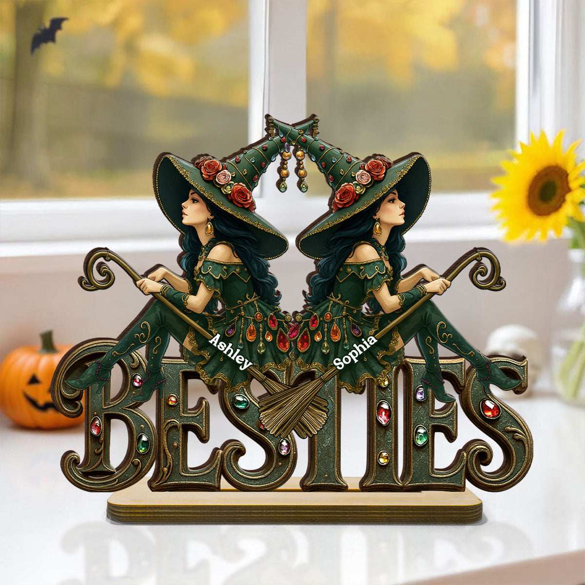 Halloween Gothic Vintage Besties Sisters Sitting On Text Personalized Standing Wooden Plaque