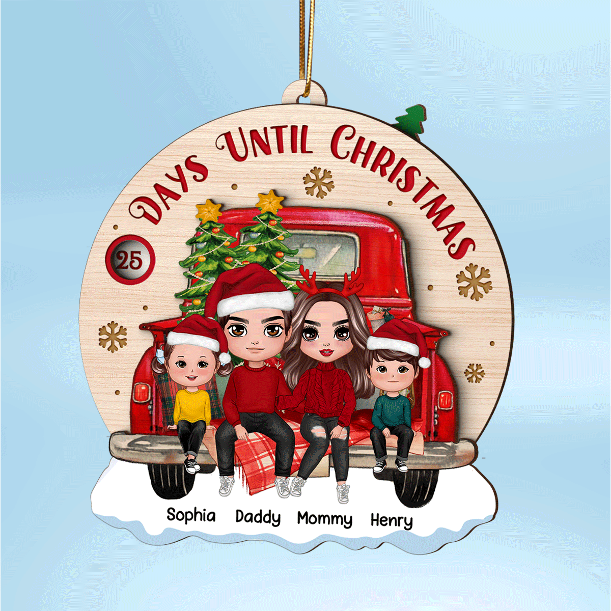 Family Couple On Christmas Truck Personalized Wooden Countdown Ornament