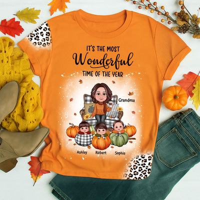 Grandma & Grandkids On Pumpkins Fall Season Theme With Leopard Pattern Personalized Shirt