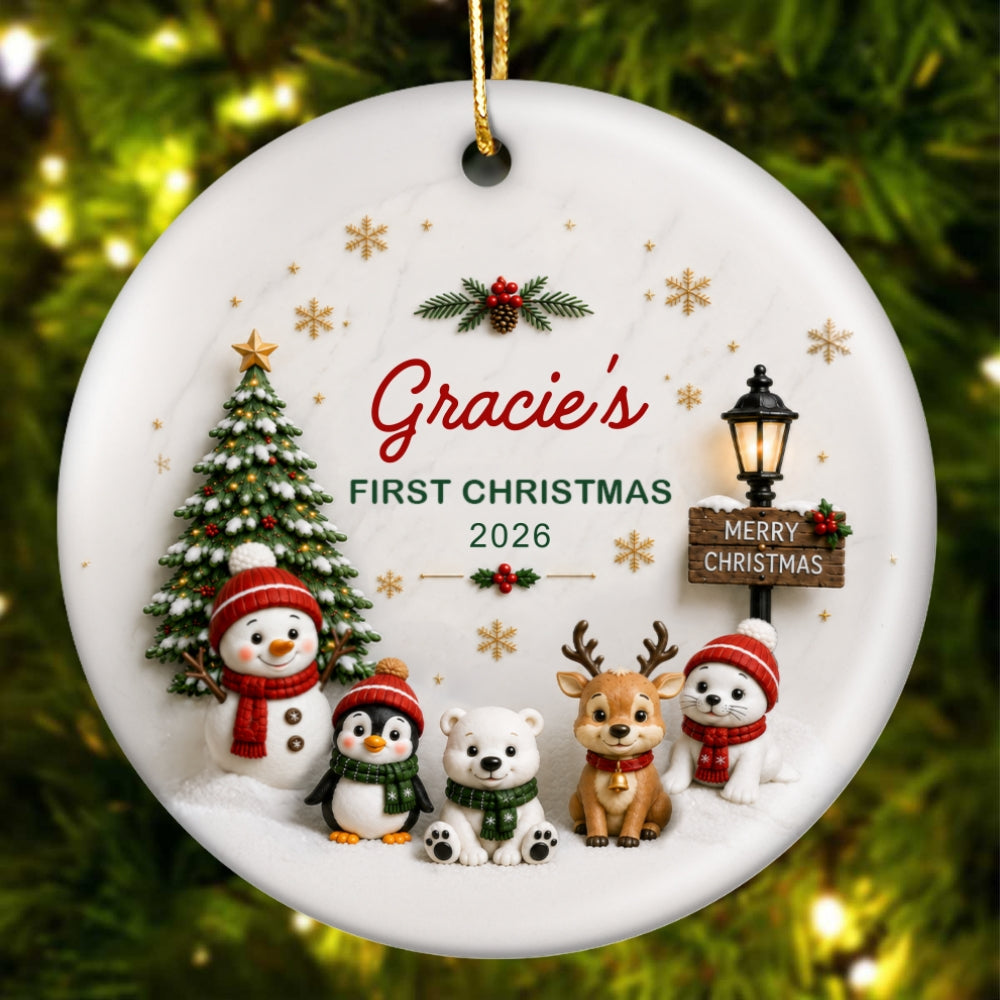 Cute Winter Friends Baby’s First Christmas - Personalized Ceramic 2026 Ornament – Christmas Keepsake