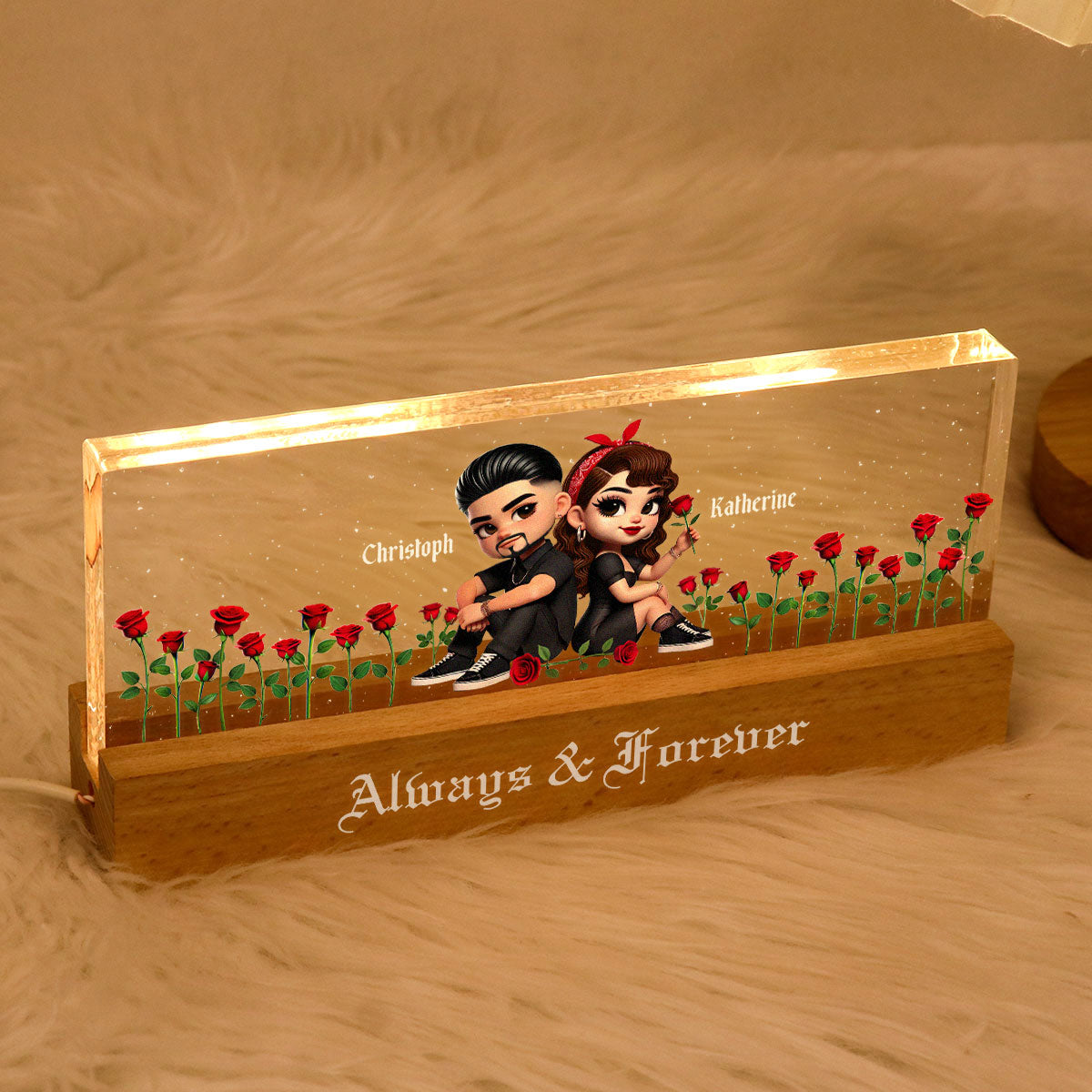 Pretty Couple Roses Heart Together Since Personalized Acrylic Block LED Night Light,  Gift, Anniversary Gift for Couples