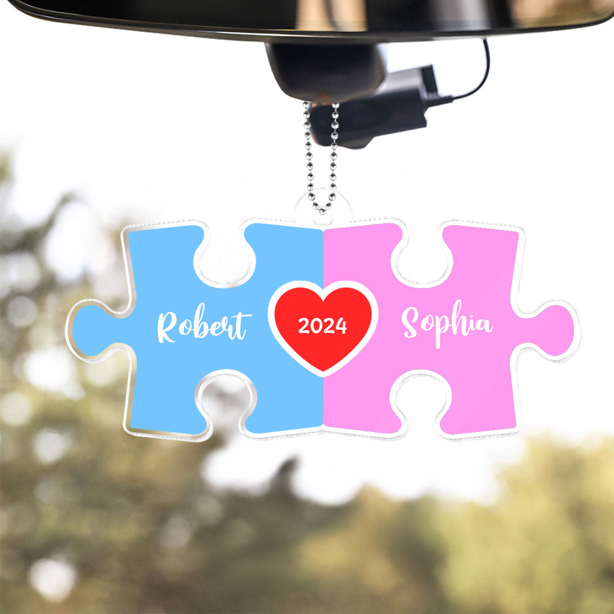 Love Is The Piece That Holds Us Together Acrylic Car Hanger, Personalize Couple Puzzle Name Sign,  Gift For Him, For Her, Wedding Gift