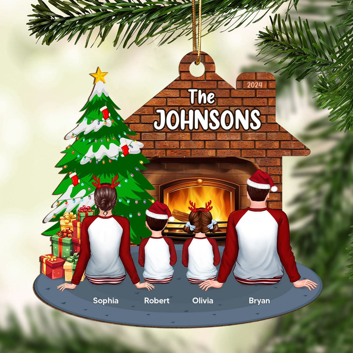 Pajamas Whole Family Sitting At Fireplace Personalized Wooden Ornament