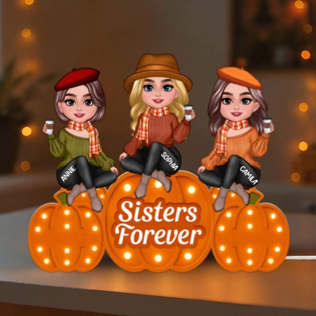 Fall Season Sisters On Marquee Pattern Texture Pumpkins Personalized LED Light Box