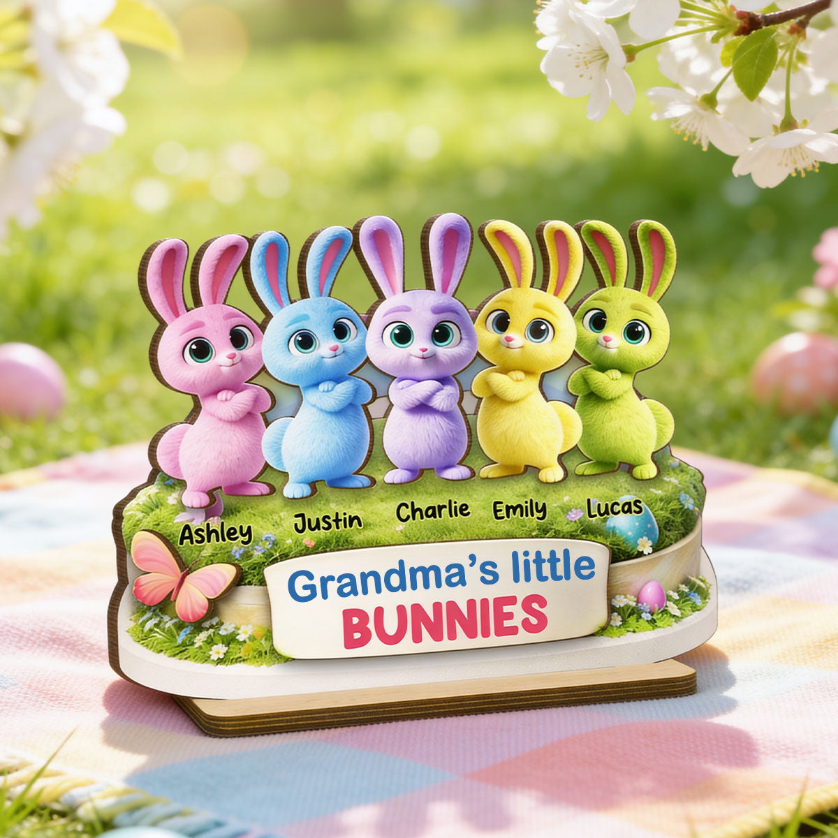 Grandma's Little Bunnies Cute Rabbits - Personalized 2-Layered Wooden Plaque - Easter Decor Gift for Grandma, Mom