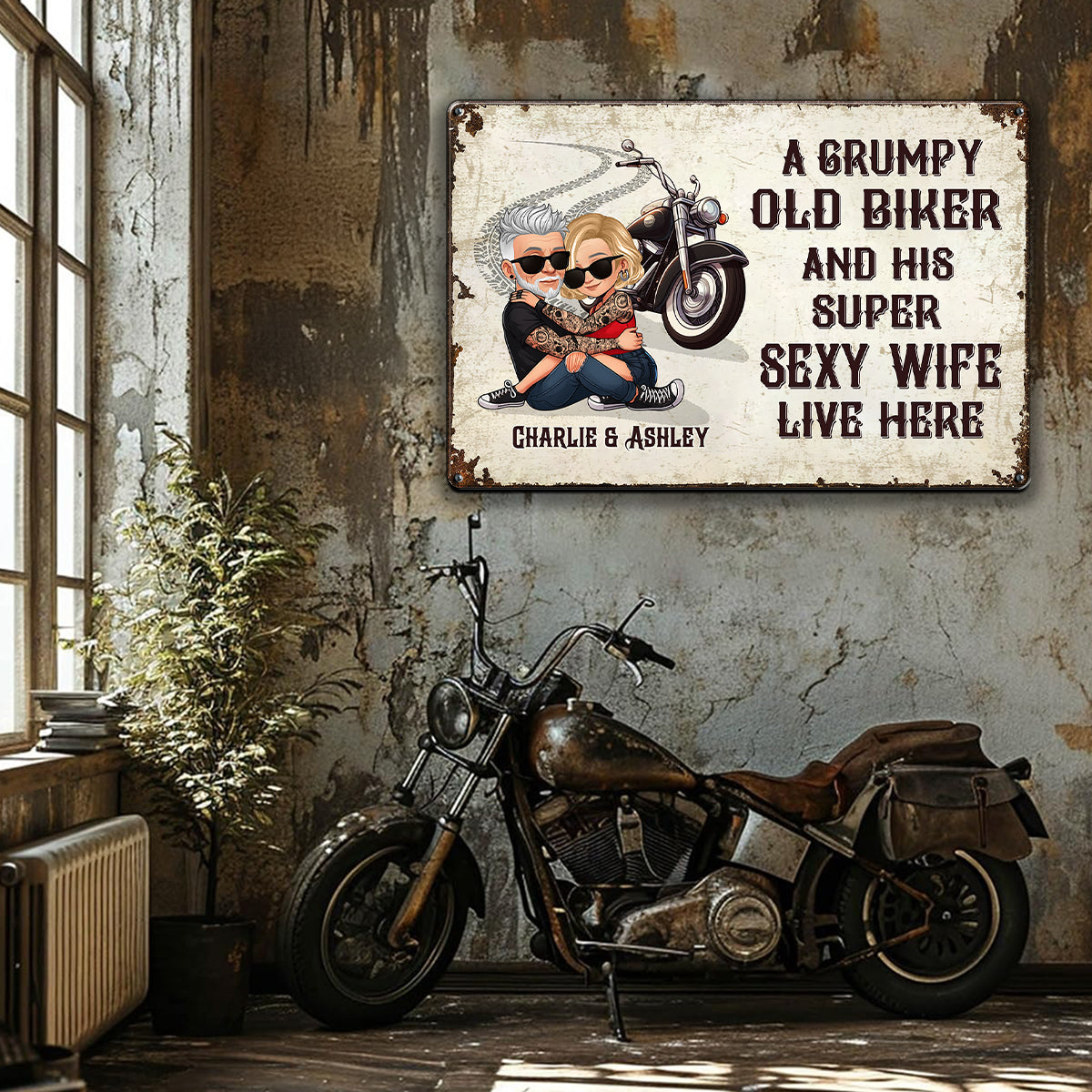 An Old Grumpy Biker and His Sexy Wife Live Here Personalized Metal Sign, Gift for Biker Couple
