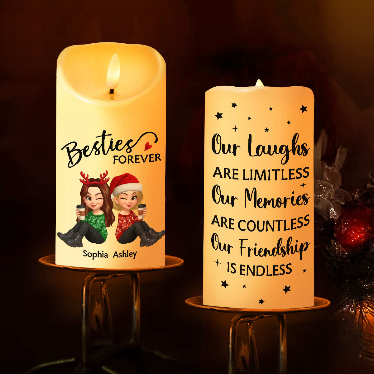 Christmas Besties Forever Personalized LED Candle, Christmas Gift