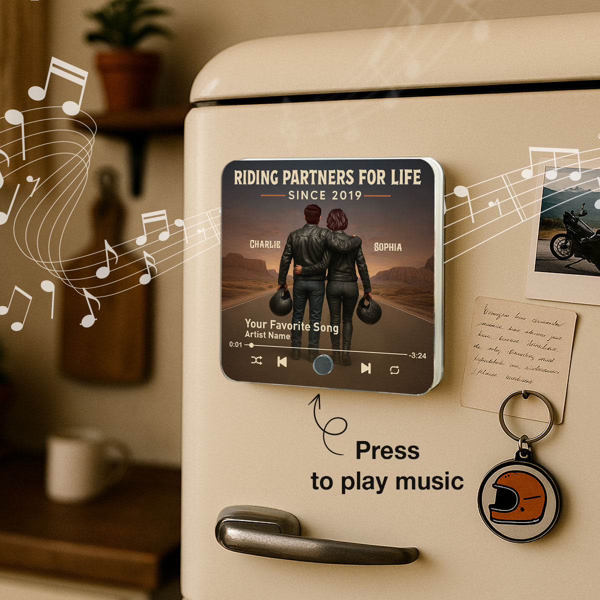 3D Effect Custom Figure Couple Bikers Riding Partners For Life Personalized Music Fridge Magnet