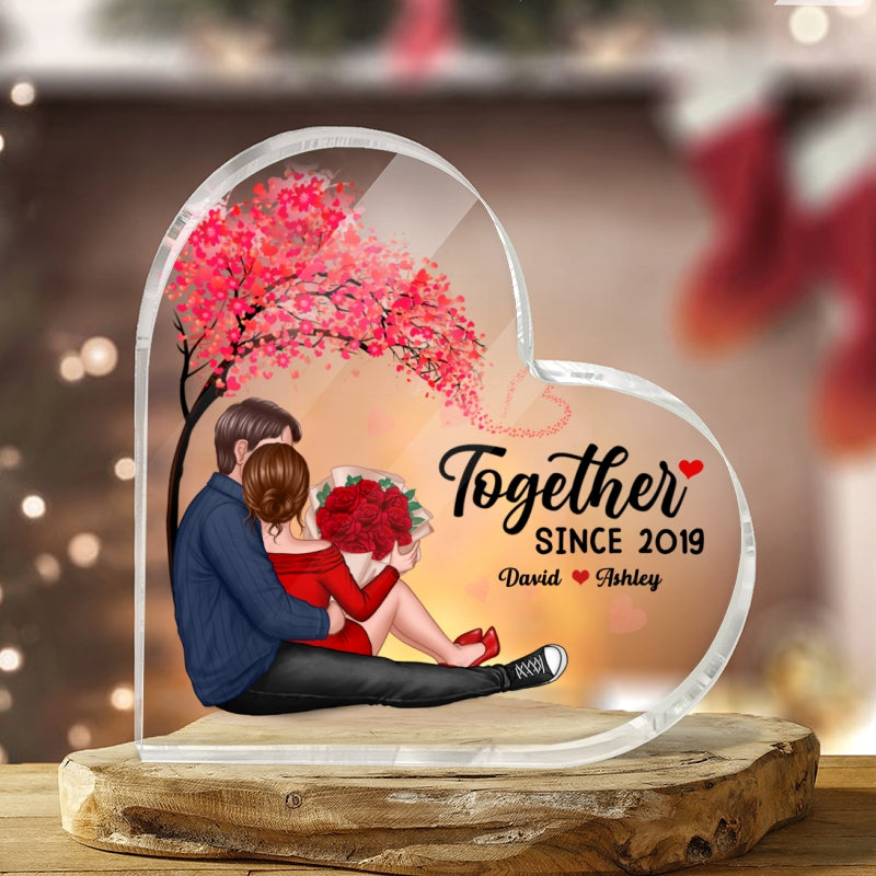 Couple Sitting Together Since Under Heart Tree Personalized Acrylic Heart Plaque - Valentine‘s Day Gift, Anniversary Gift For Her - Gift For Him