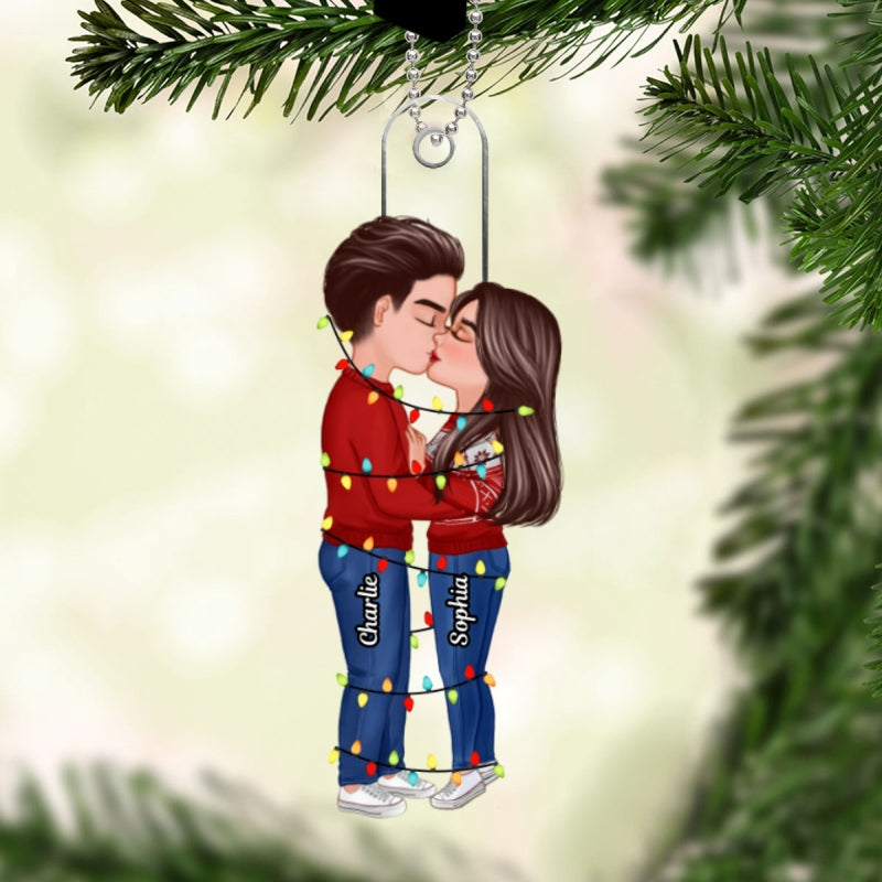 Christmas Couple Kissing With Light String Personalized Acrylic Ornament