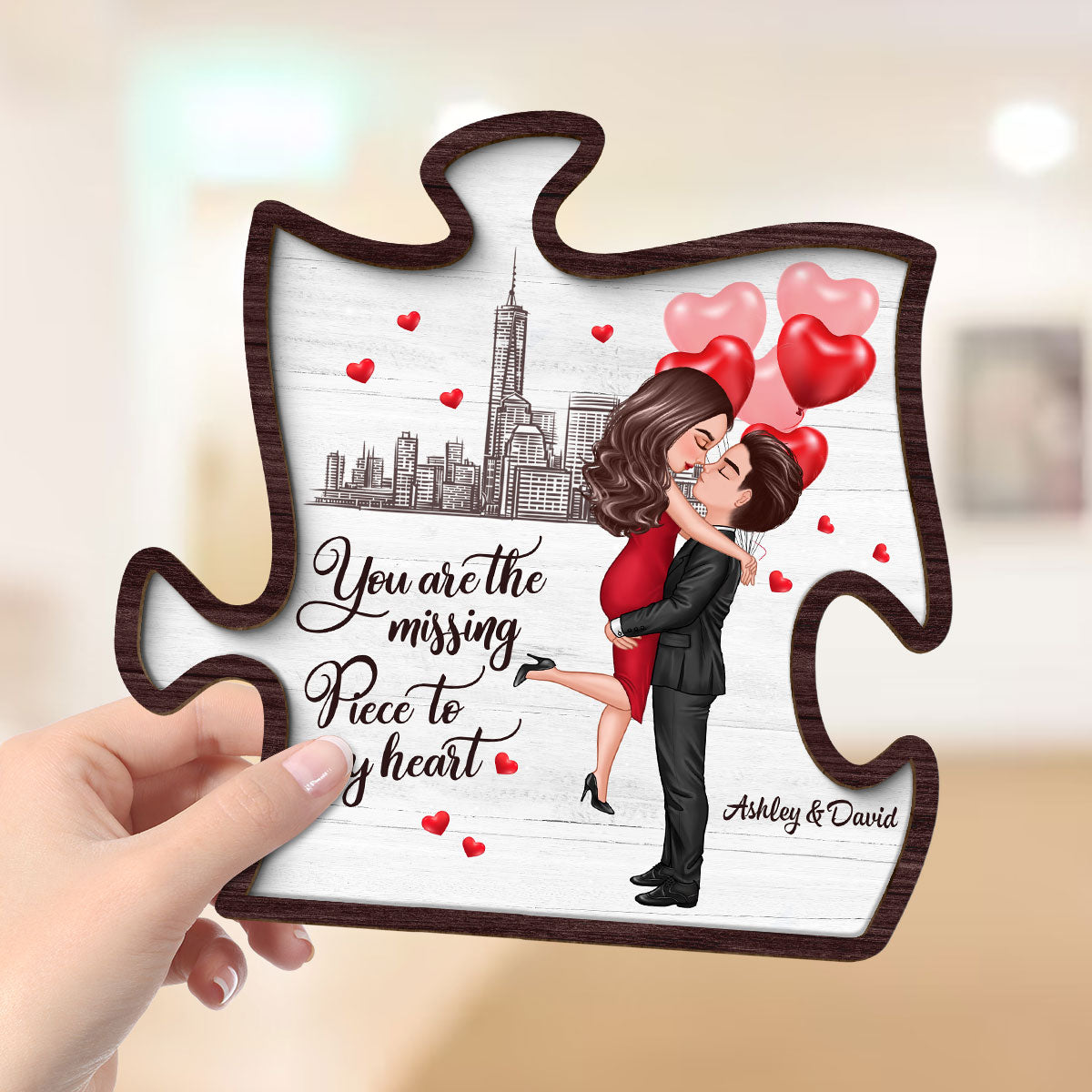 The Missing Piece To My Heart Hugging Couple Personalized 2-Layer Wooden Plaque