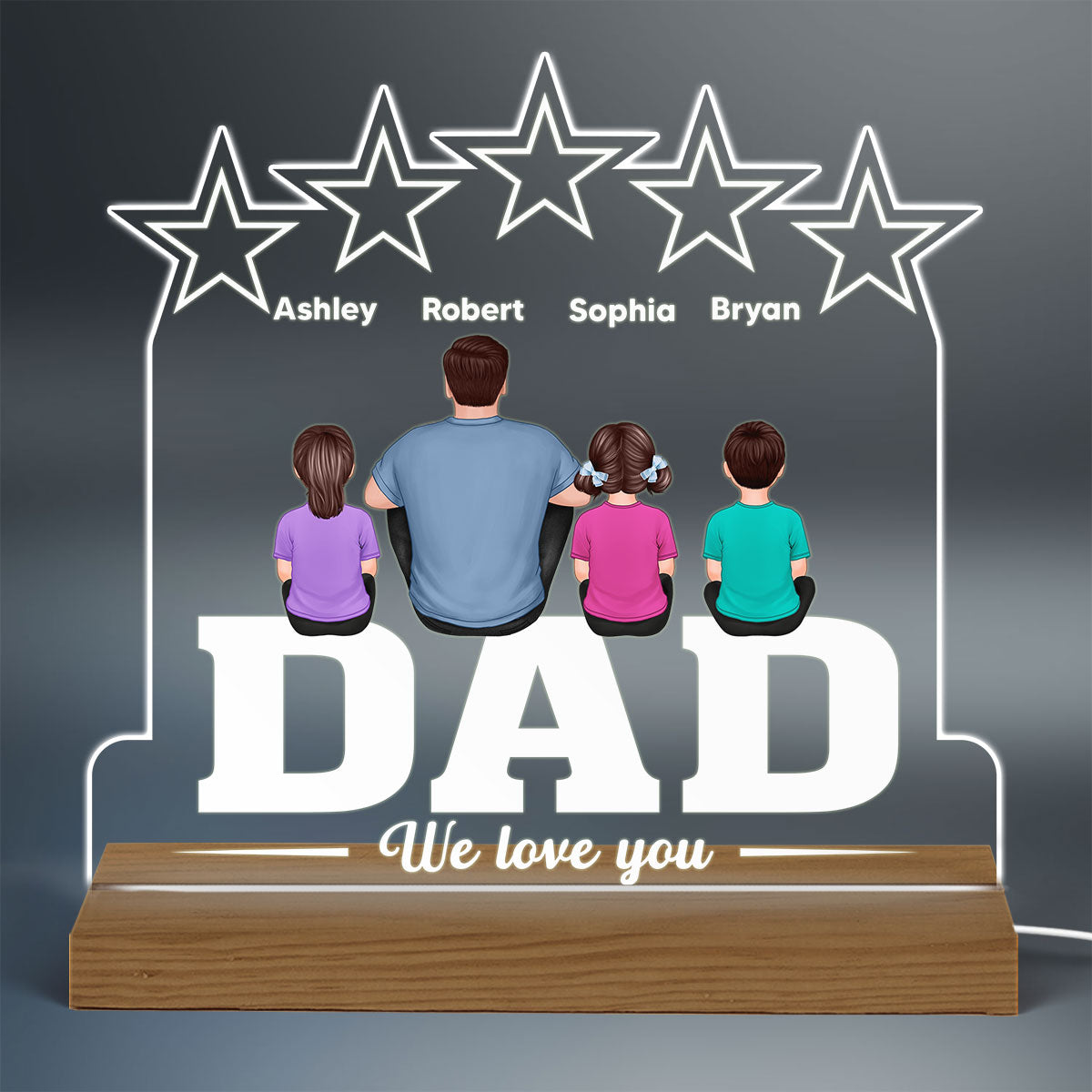 Back View Man & Kids Sitting On Word Five Star Personalized Custom Shaped Acrylic Plaque With Warm LED Night Light