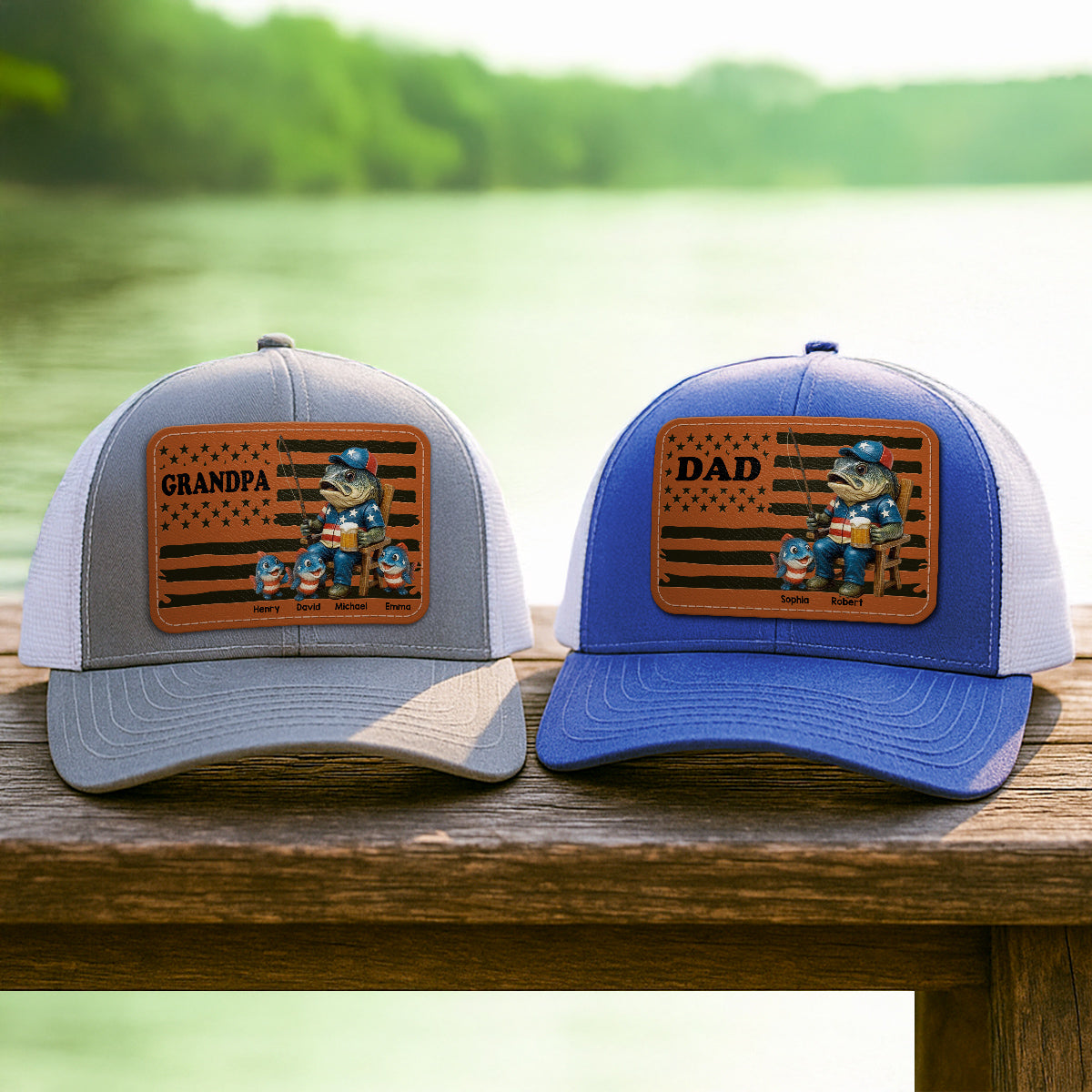 Fishing Dad Nation Flag Personalized Leather Patch Hat, Father's Day gift